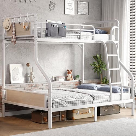 Jocoevol Metal Bunk Bed Twin Over Full, Industrial Bunkbeds Heavy Duty Bed with Safety Guard Rails and Space-Saving Design, Steel Bed for School, Bedroom (White) Jocoevol