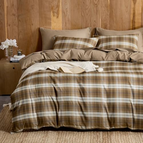 Wake In Cloud - Plaid Comforter Set, Scottish Tartan Check Geometric Modern Pattern Printed, Soft Lightweight Bedding, 3 Pieces, Brown, Queen Size Wake In Cloud