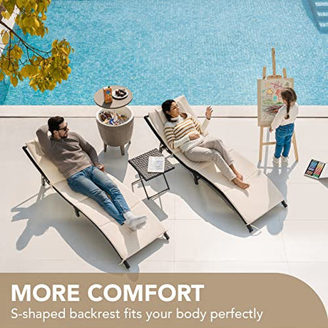 Devoko Patio Chaise Lounge Sets Outdoor Rattan Adjustable Back 3 Pieces Cushioned Patio Folding Chaise Lounge with Folding Table (Beige) Devoko