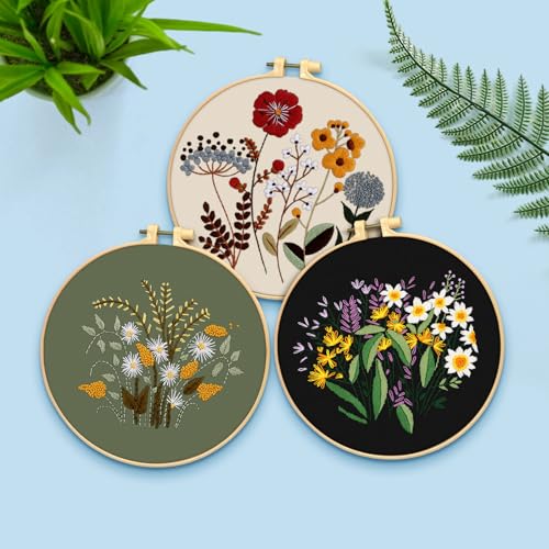 ERKOON 3 Sets Embroidery Kit, Floral Cross Stitch Set for Include Embroidery Cloth Hoops Threads for Craft Lover Hand Stitch (Plants & Flowers)