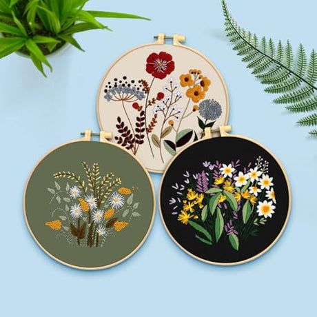 ERKOON 3 Sets Embroidery Kit, Floral Cross Stitch Set for Include Embroidery Cloth Hoops Threads for Craft Lover Hand Stitch (Plants & Flowers) ERKOON