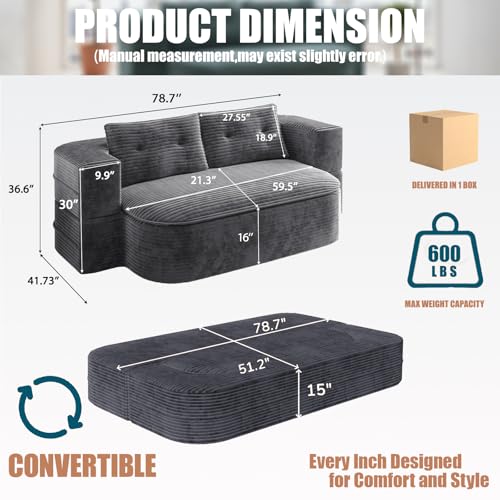 78.7-inch Folding futon Sofa Bed, Full-Size Convertible Sleeper couch Bed, Memory Sponge Double settee with Comfortable Mattress, Suitable for Living Room and Guest Room (dark gray, 78.7 inches) CouCouchmans