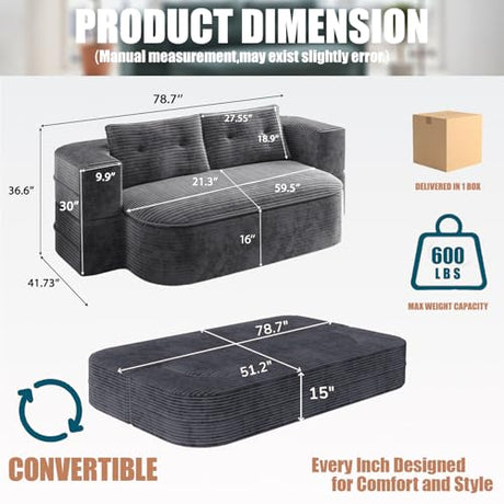 78.7-inch Folding futon Sofa Bed, Full-Size Convertible Sleeper couch Bed, Memory Sponge Double settee with Comfortable Mattress, Suitable for Living Room and Guest Room (dark gray, 78.7 inches) CouCouchmans