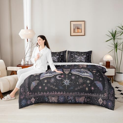 Erosebridal Black Boho Moth Comforter Set Full with Sheets,Sun Moon and Stars Bedding Set 7 Piece Gothic Bedroom Decor,Trippy Butterfly Bed in a Bag with Fitted Sheet,Flat Sheet,Pillowcases & Shams Erosebridal