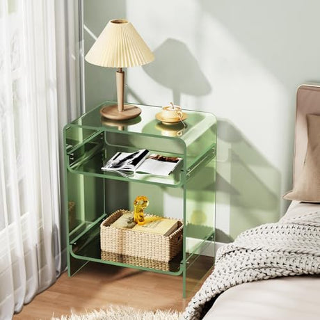 Acrylic Record Player Table with Storage Shelf, Clear Side Table Nightstand (Green, Large) Acrylicolor