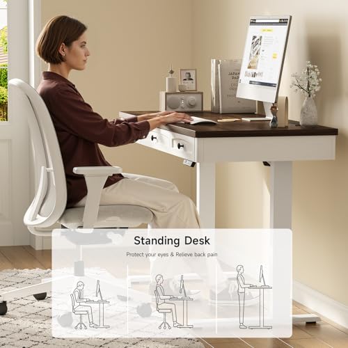 ONBRILL Standing Desk with 3 Drawers, 55 x 24 Inch Electric Height Adjustable Desk with Storage & Outlets, for Computer Workstation, Home Office, Retro Curved Table Corner & Drawers, Walnut ONBRILL
