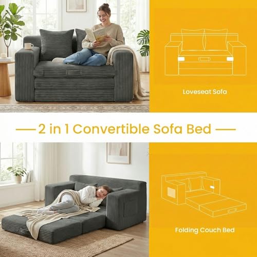 Boneless Loveseat Sleeper Sofa Bed: 3-in-1 Convertible Sofa Bed with Side Pockets & Handle,Pull Out Couch with 2 Pillows,Folding Futon for Small Space,Living Room & Bedroom,Corduroy Fabric,No Assembly Winzoo