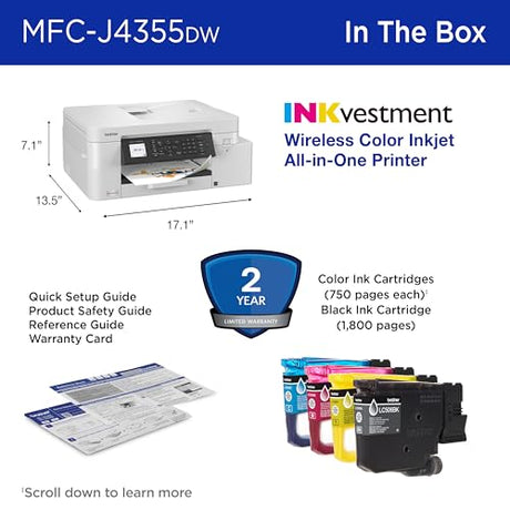 Brother INKvestment 4355 Wireless Color Inkjet All-in-One Printer with 1.8” Color Display and Manual Feed Slot | Includes Refresh Subscription Trial(1) (MFC-J4355DW) Brother