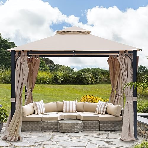 10x10FT Softtop Gazebo with Nettings and Curtains,Heavy Duty Double Roof Canopy,Galvanized Steel Design Outdoor Canopy Shelter for Patio, Backyard, Lawn, Garden, Deck