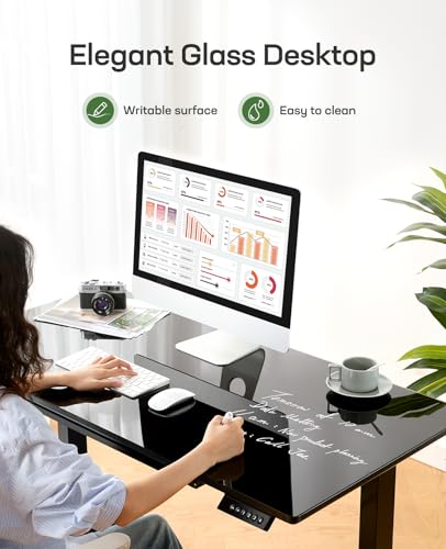 Marsail Glass Electric Standing Desk with Drawer, 48 x 24 Inches Height-Adjustable Desk, One-Piece Tempered Glass Top, Ergonomic Home Office Sit Stand Desk with 4 Preset Heights, Black Marsail