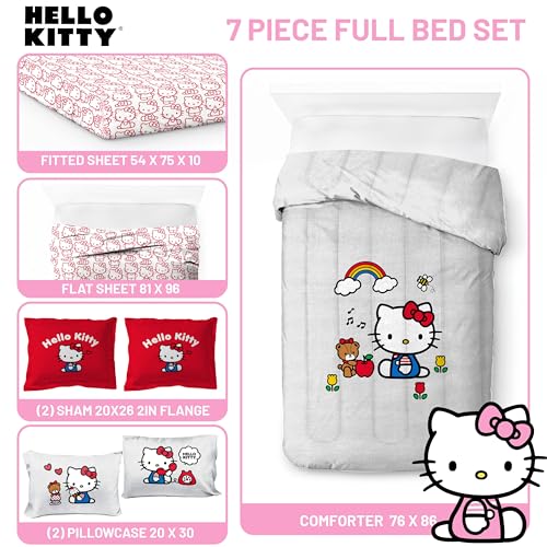 Jay Franco Sanrio Hello Kitty Full Size Comforter Set - 7 Piece Red & Grey Bedding Includes Sheet Set & Pillow Covers - Super Soft Cozy Kawaii Bedding Jay Franco