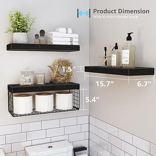 QEEIG Black Bathroom Shelves Over Toilet Wall Mounted Floating Shelves Farmhouse Shelf Toilet Paper Holder Small 16 inch Set of 3 (019-B3) QEEIG