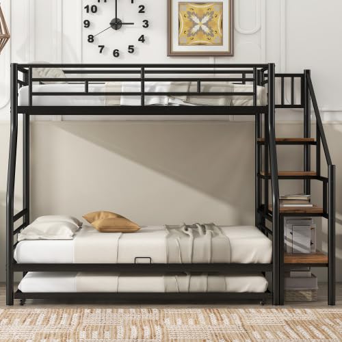 Metal Bunk Bed with Trundle Bed Twin Over Full Size Metal Bunk Bed with Storage Staircase, Black