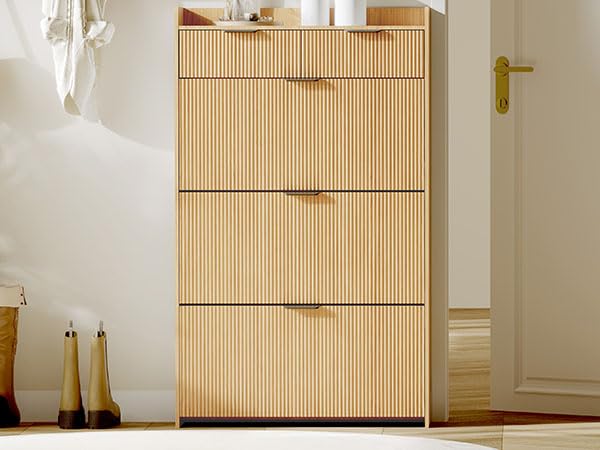 IDEALHOUSE Modern Natural Shoe Cabinet with 3 Flip Drawers & 2 Small Drawers & Hook, Slim Fluted Shoe Storage Organizer, Narrow Entryway Cabinet for Apartment, Hallway, Entrance IDEALHOUSE