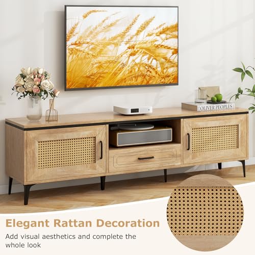 Tangkula Boho TV Stand for 65 Inch TVs, Mid Century Modern Media Entertainment Center with Drawer, 2 Cabinets with Rattan Doors, Metal Legs, Cable Hole, TV Console Table for Living Room (Oak) Tangkula