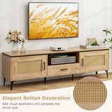 Tangkula Boho TV Stand for 65 Inch TVs, Mid Century Modern Media Entertainment Center with Drawer, 2 Cabinets with Rattan Doors, Metal Legs, Cable Hole, TV Console Table for Living Room (Oak) Tangkula