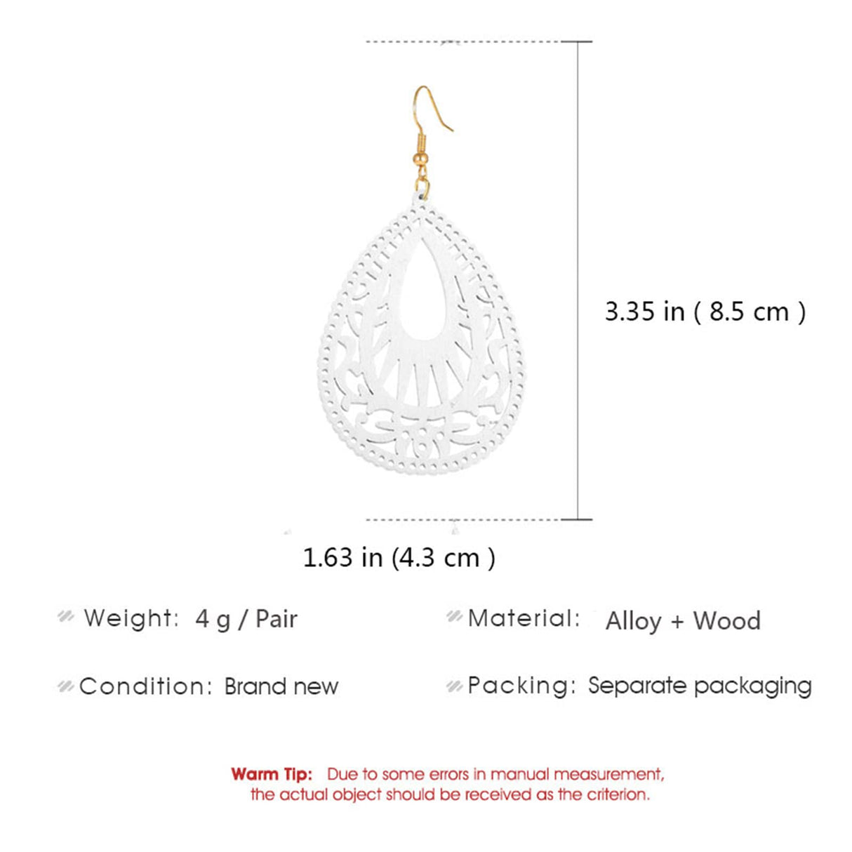 MALOYANVE Bohemian Wood Earrings for Women Handmade Natural Retro Lightweight Teardrop Geometric Hollow Wooden African Dangle Drop Geometric Statement Earrings Boho Vintage Ethnic (White) MALOYANVE