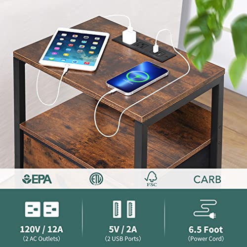 Yoobure Nightstand with Charging Station, Small Night Stand with Fabric Drawers and Storage Shelf for Bedrooms, Small Spaces, Bedside Table with USB Ports & Outlets - WoodArtSupply