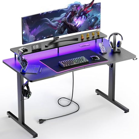 GTPLAYER 55 Inch Gaming Desk with LED Lights & Power Outlet, Computer Gamer Desk with Monitor Stand, Ergonomic Carbon Fiber Gaming Table Home Office Desk with Headphone Hook & Mouse Pad GTPLAYER