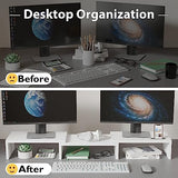 BONTEC Dual Monitor Stand Riser with Smartphone Holder, Adjustable Length & Swivel Angle Wooden Desktop Organizer Stand PC Riser for PC Monitor Laptop Printer, White BONTEC