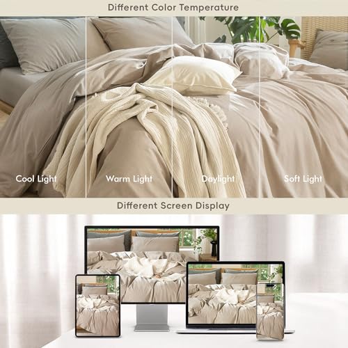 MooMee Bedding Duvet Cover Set 100% Washed Cotton Linen Like Textured Breathable Durable Soft Comfy (Heathered Taupe, Twin 68"x90") MooMee