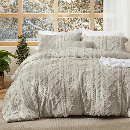 Bedsure Tufted Boho Comforter Set King Size - Linen Boho Bed Set, GentleSoft™ 3 Pieces Farmhouse Shabby Chic Embroidery Bedding, Gifts for Woman, Soft Jacquard King Comforter for All Seasons Bedsure