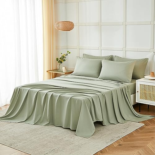 ILAVANDE Sage King Size Sheets Set 6 Piece,Super Soft 1800 Series Microfiber Bed Sheets King Set-Wrinkle & Fade Resistant-14“ Deep Pockets Sheets for King Size Bed(King,Sage Green) ILAVANDE
