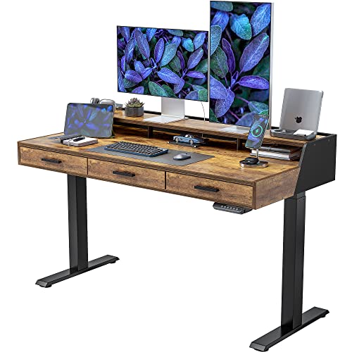 FEZIBO Electric Standing Desk with Drawers, 55x26 Inch Standing Desk Adjustable Height, Stand Up Desk with Monitor Shelf, Sit Stand Home Office Desk, Rustic Brown - WoodArtSupply