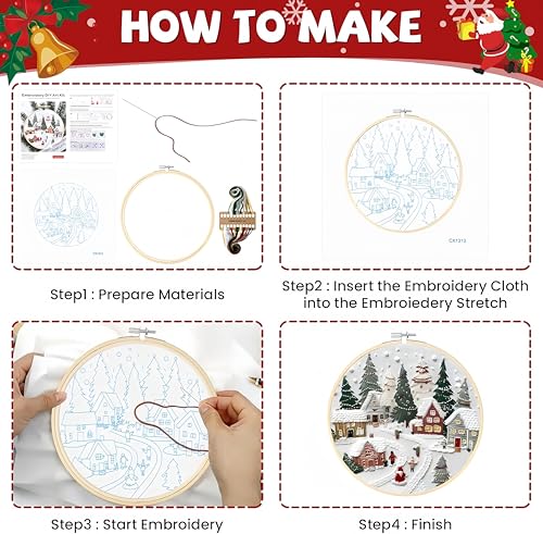 Christmas Embroidery Kit DIY Hand Embroidery Starter Cross Stitch Kits, Christmas Ornaments Embroidery with Stamped Pattern,Cotton,Threads,Needles,Instructions for Adults Beginners (Wreath)