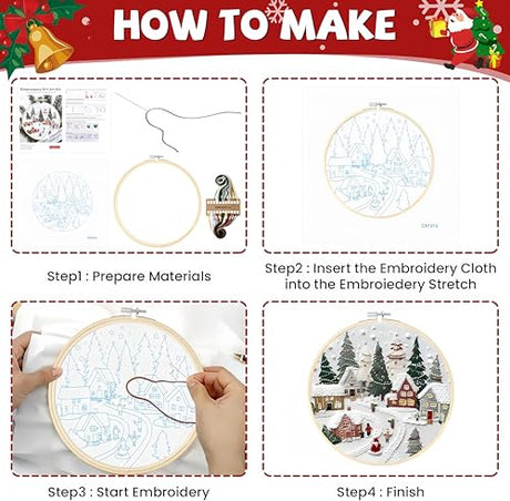 Christmas Embroidery Kit DIY Hand Embroidery Starter Cross Stitch Kits, Christmas Ornaments Embroidery with Stamped Pattern,Cotton,Threads,Needles,Instructions for Adults Beginners (Wreath) MGARDENMYI