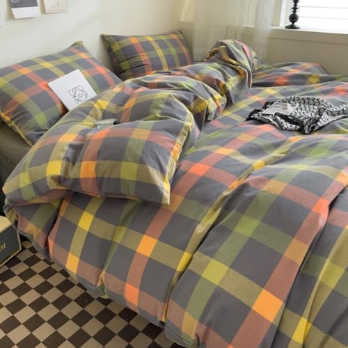 DONUES Plaid Duvet Cover Set King Size Bedding Set 100% Washed Cotton Reversible Multicolor Grid Checkered Duvet Cover with 2 Pillowcases(Queen 104"x90", Comforter Not Included) DONEUS