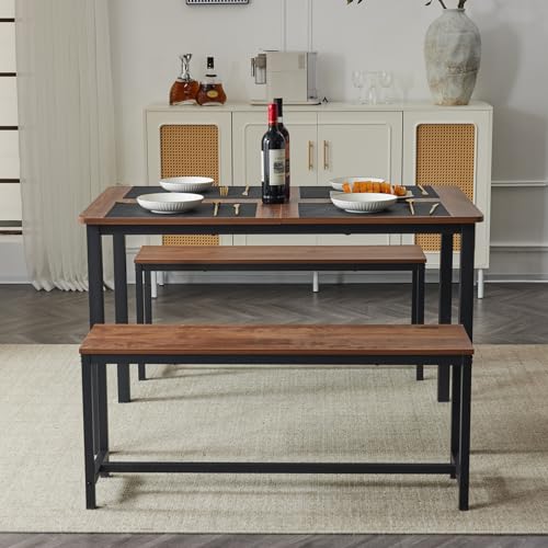 VINGLI 63" Expandable & Foldable 3-Piece Dining Table Set with 2 Benches, Seats 4-6, Space Saving, Ideal for Home, Kitchen, Apartment, Walnut VINGLI