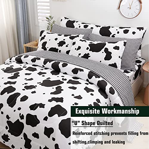 SUCSES Cow Print Queen Comforter Set with Sheets 8Pcs Bed in A Bag Queen Size Bedding Set Geometric Black and White Duvets for All Season SUCSES