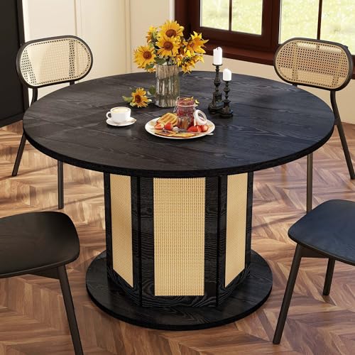 DWVO Round Dining Table for 4-6 People, 47 Inch Farmhouse Kitchen Table with Rattan Circular Base, Wooden Dinner Table for Dining Room Family Gathering, Black
