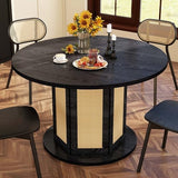 DWVO Round Dining Table for 4-6 People, 47 Inch Farmhouse Kitchen Table with Rattan Circular Base, Wooden Dinner Table for Dining Room Family Gathering, Black DWVO