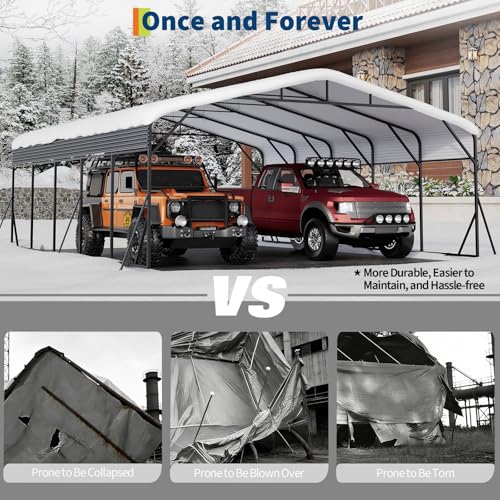 Carport with Reinforced Frame and Steel Roof, All-Weather Metal Car Port for Bass Boats, Sedans, and Tractors, 20 x 25 ft TROPOW