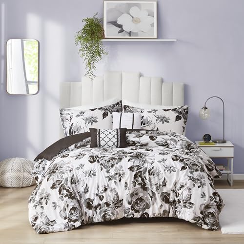 Intelligent Design Dorsey Comforter Reversible Flower Floral Botanical Printed Ultra-Soft Brushed All Season Bedding-Set, Full/Queen, Black/White 5 Piece Intelligent Design