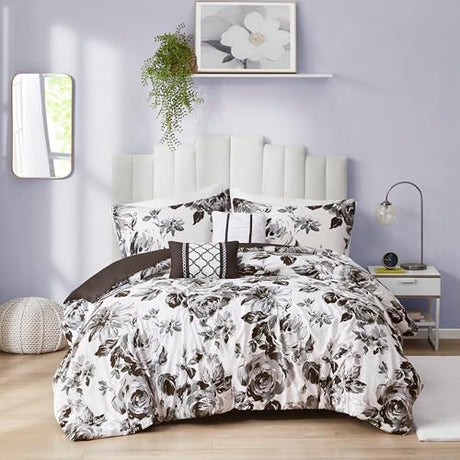 Intelligent Design Dorsey Comforter Reversible Flower Floral Botanical Printed Ultra-Soft Brushed All Season Bedding-Set, Full/Queen, Black/White 5 Piece Intelligent Design
