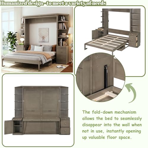 MERITLINE Queen Murphy Bed with Desk & Storage Shelves & Cabinets, Convertible Hidden Wall Bed with Lights and Drawers - Space-Saving Home Office Solution (Gray) MERITLINE