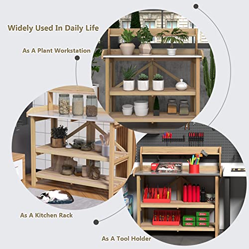 S AFSTAR Garden Potting Bench, Gardening Work Station Table with 2 Storage Shelves, Fir Wood Structure and Metal Tabletop, Gardening Table Potting Benches for Outside Backyard Balcony S AFSTAR