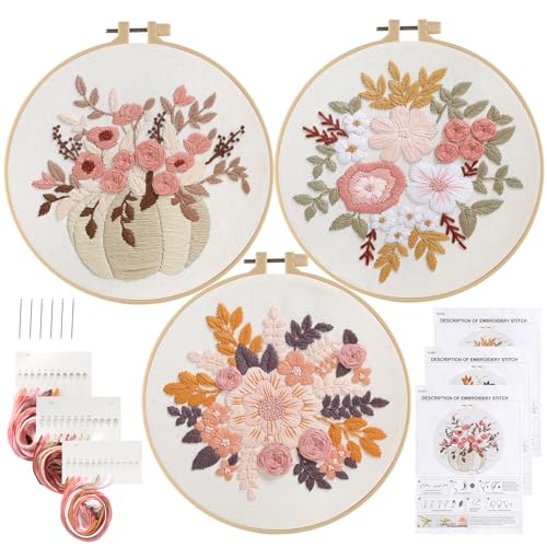 Sivilife Embroidery Kit for Beginners, 3 Sets Stamped Cross Stitch Kits for Beginner, Floral Pattern Embroidery Starter Kits for Adults with Embroidery Hoop Instructions Threads and Needles Scissors