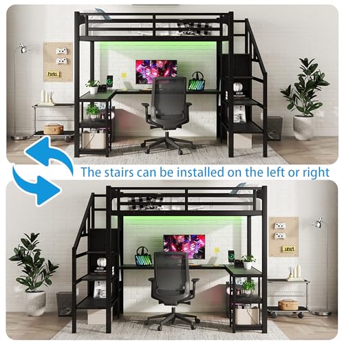 MoproBeti Full Size Loft Bed with Desk and Stairs,Metal Loft Bed Full with Wardrobe and Shelf, High Loft Bed with LED Light and USB for Kids, Teens, Junior, Adults,Black MoproBeti