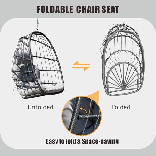 HWB Hanging Egg Chair with Stand, Patio Wicker Egg Swing Chair with Cushion for Bedroom Garden Indoor Outdoor (Grey) HWB