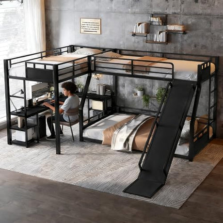 L-Shaped Metal Bunk Bed with Desk,Loft Bed with Storage Shelves,Metal Triple Bunk Bed with Slide, Space-Saving and Quiet Design, Black,(Top Bed: Twin,Bottom Bed: Full) (Twin and Full) Generic