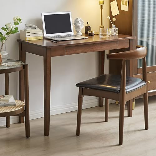 Cttasty Solid Wood Computer Desk with Drawers, Modern Writing Desk for Home Office, Mid Century Modern Desk, Oak Study Table, 35.4x19.9x29.5 inches (Single Drawer), Walnut Cttasty