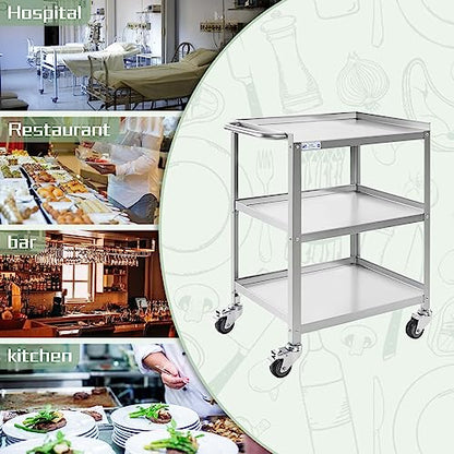 Hally Stainless Steel Utility Cart 3 Tier NSF Commercial Heavy Duty Metal Mobile Food Rolling Cart with Handle and Wheels for Kitchen, Restaurant, Hospital, Laboratory and Home, 24" L x 16" W x 34" H