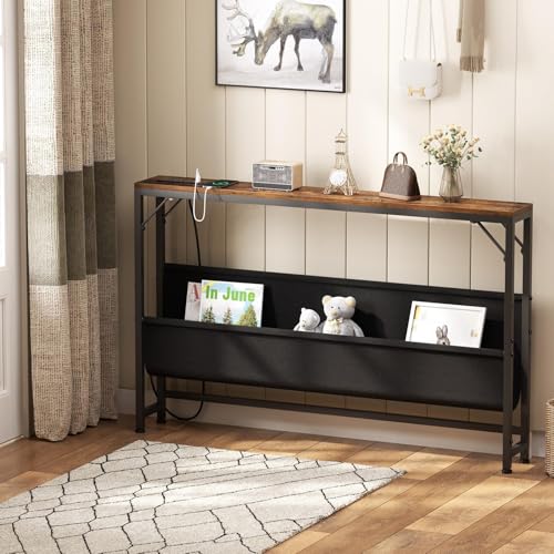 Asgolion 47.2'' Skinny Console Table with Power Outlet, 5.91" Behind Couch Table with Charging Station, Long Sofa Table, Narrow Entryway Table for Living Room, Foyer, Hallway, Rustic Brown Asgolion