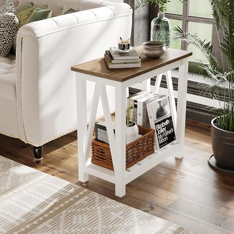 ChooChoo Farmhouse End Table, Rustic Vintage Narrow End Side Table with Storage Shelf for Small Spaces, Nightstand Sofa Table for Living Room, Bedroom White ChooChoo