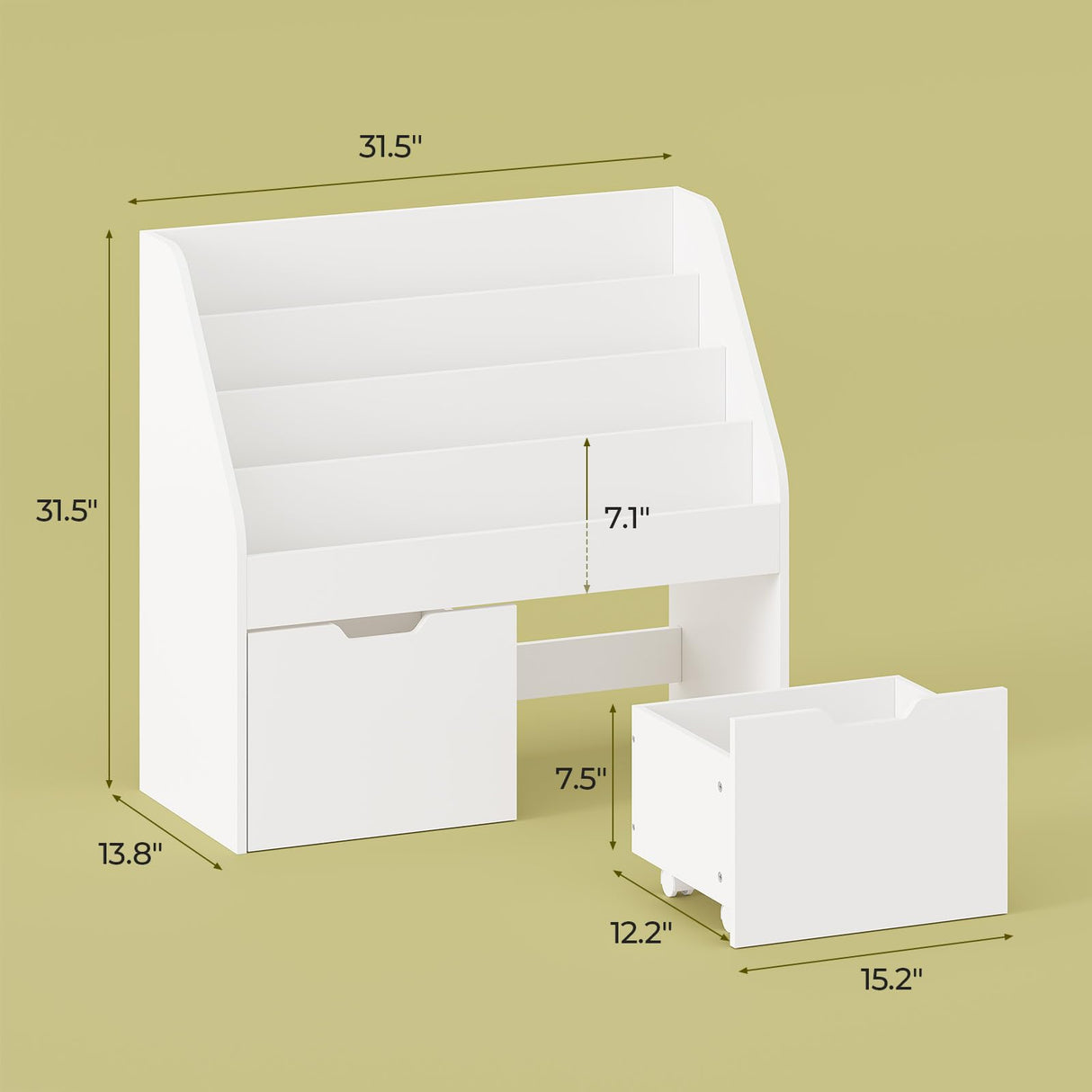 Kids Bookshelf - 4 Tier Small Bookcase for Kids Room, Toy Storage for Children with 2 Movable Drawers, Hidden Wheels, Toddler Book Display Shelves for Classrooms, Nursery, Playroom and Bedroom, White Sikaic