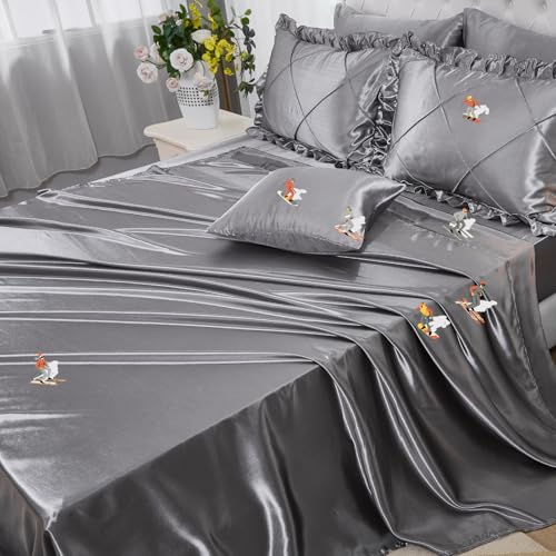 Grey Comforter Set King Sheet Set Silk Like Satin Bedding Set Silky Bed in a Bag 8 Pcs Pinch Pleat Bed Set Home Decor Luxury Hotel Silky Ruffle Comforter with 1 Cushion Cover Bedding_Dreamer